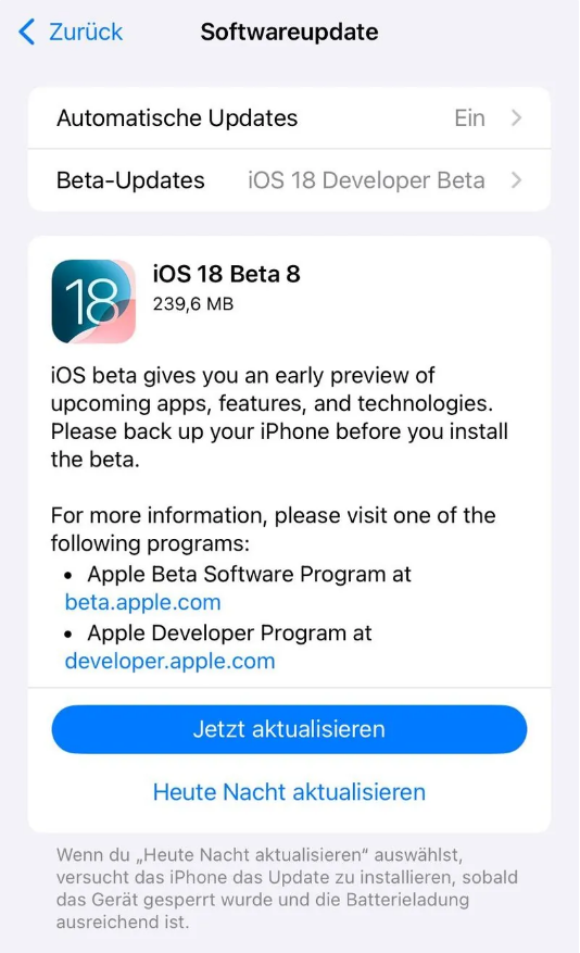 柏乡苹果手机维修分享苹果 iOS / iPadOS 18 开发者预览版 Beta 8 发布 